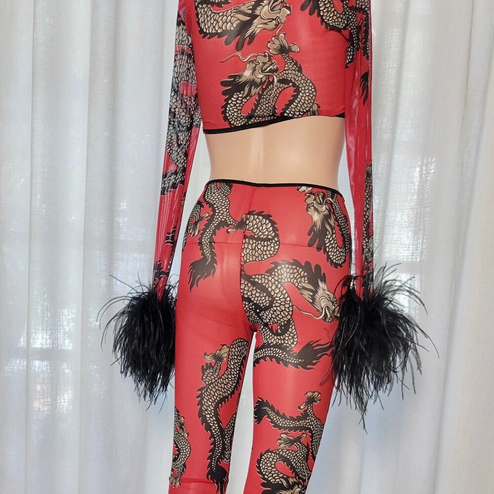 HALLOWEEN Trashy Lingerie sxy 2pc  "Dragon Lady" lace & ostrich feathers red/bl